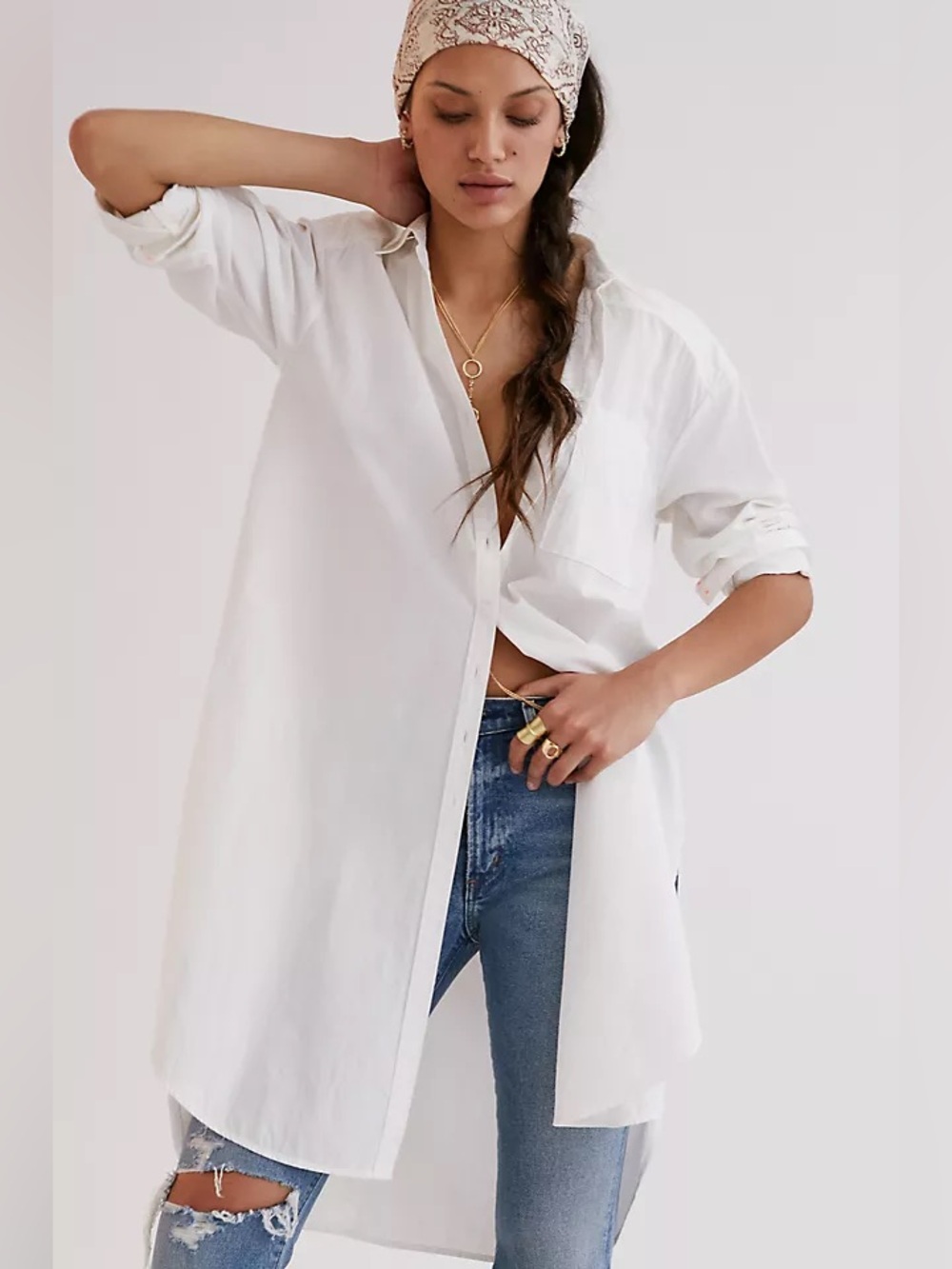 Anthropologie Maeve Maxi Tunic Poplin Button Down Shirt White Medium NWT